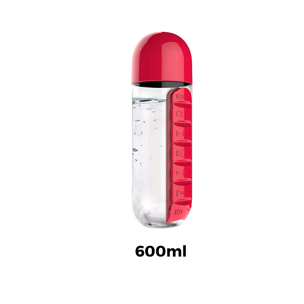 Vannflaske i plast med pilleboks