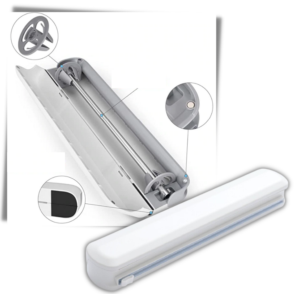 Dispenser og kutter for plastfolie
