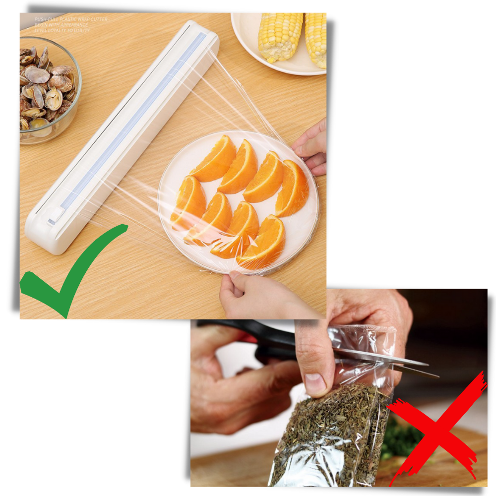 Dispenser og kutter for plastfolie
