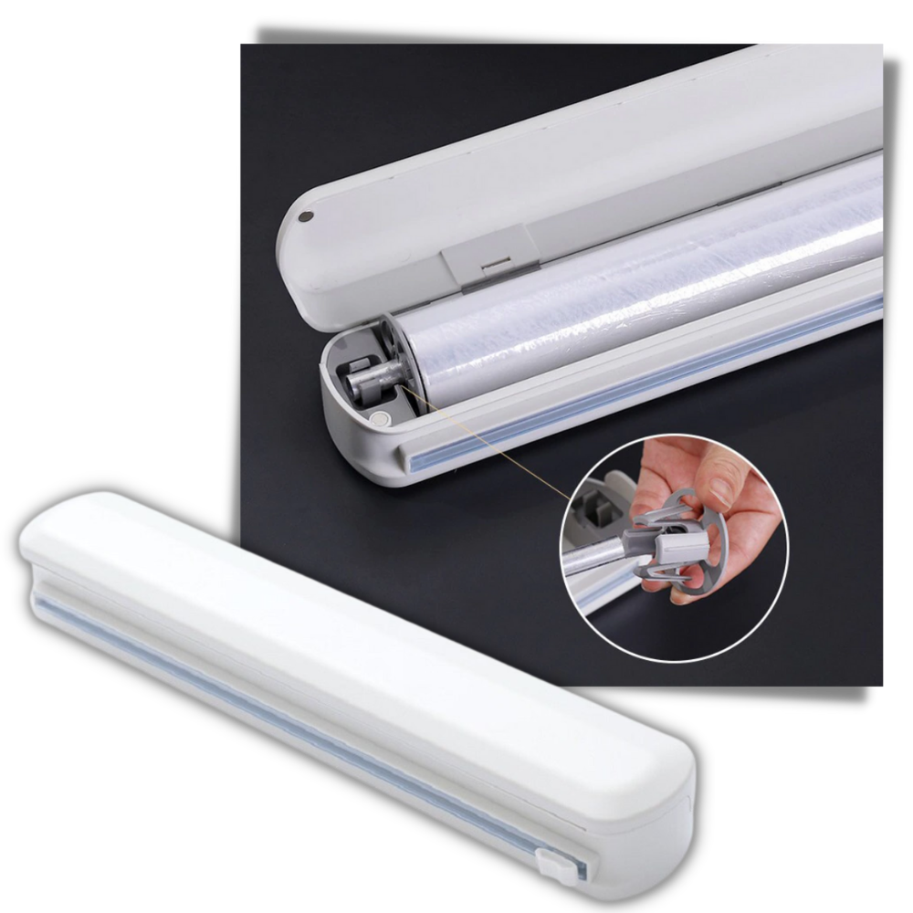 Dispenser og kutter for plastfolie