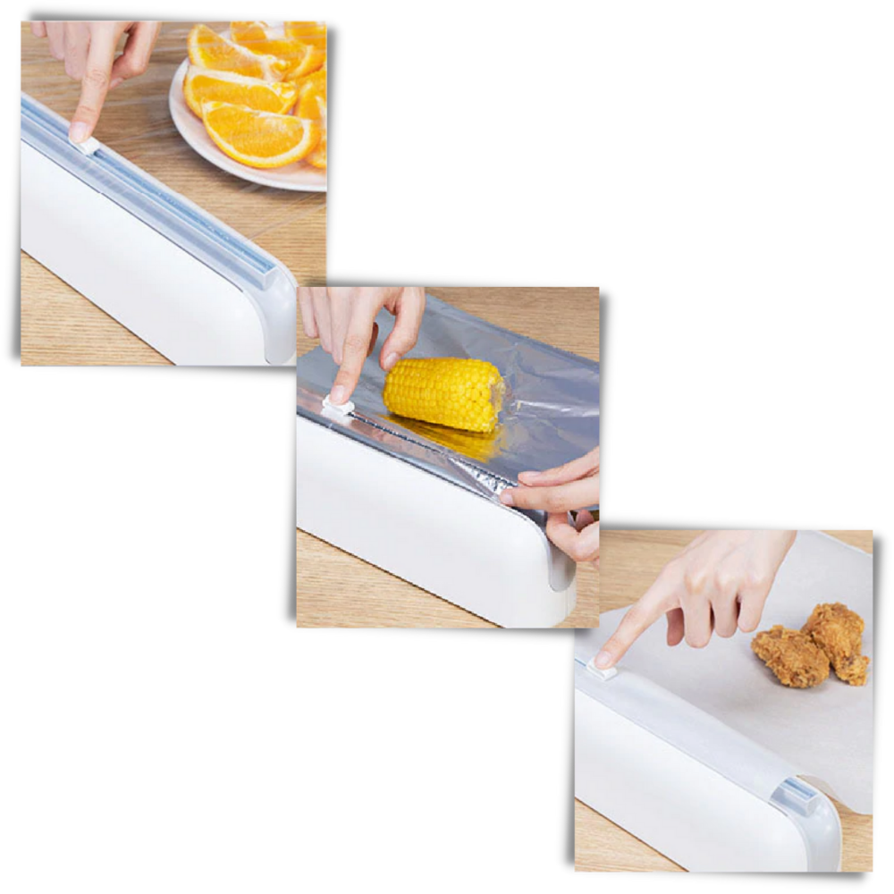 Dispenser og kutter for plastfolie