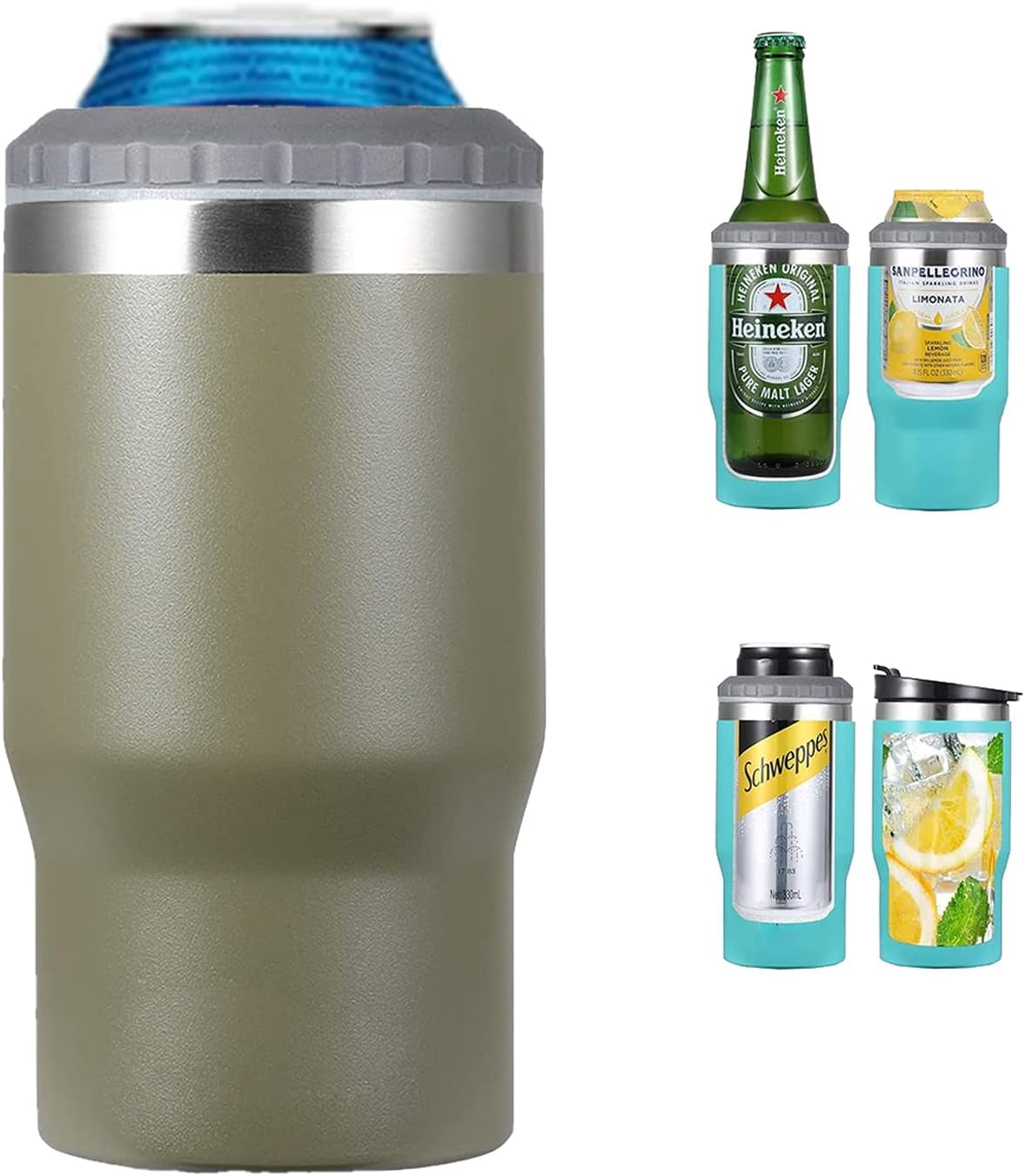 Norvo | 4 i 1 rustfritt stål boks/flaske isolator, 14Oz toveis lokk SUS isolert boks kjøler, ølboksholder (Svart)