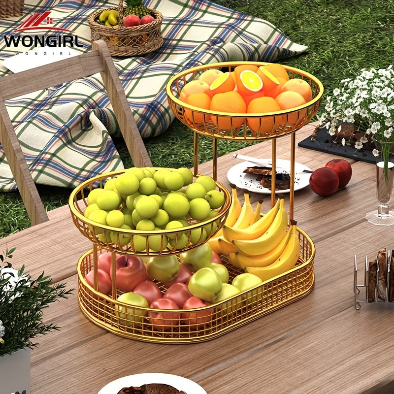 Norvo | Elegant Multi-Tier Metal Fruit Basket - Golden Wire Oval Design | Perfect for Snacks, Cakes & Desserts | Ideal for Easter, Thanksgiving, Christmas Utendørsfeiringer, Utendørs Spise Tilbehør|Multitier Design|Robust Struktur, Frukt Dekor