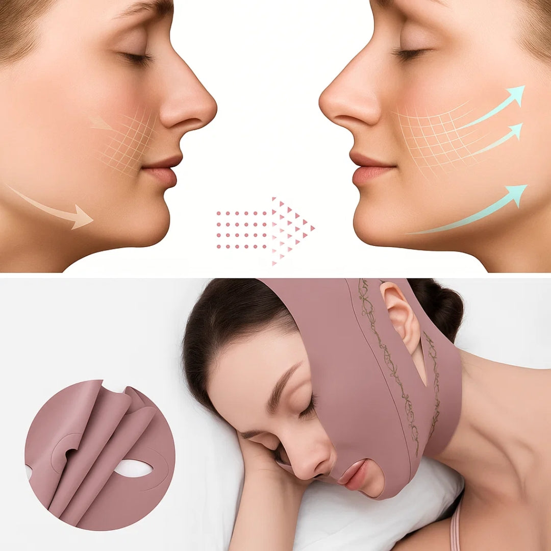 Kjevelinjeskulpturering – Pustende stretchstoff – Løfter hengende hud – Fester og definerer V-linje ansiktsskolv