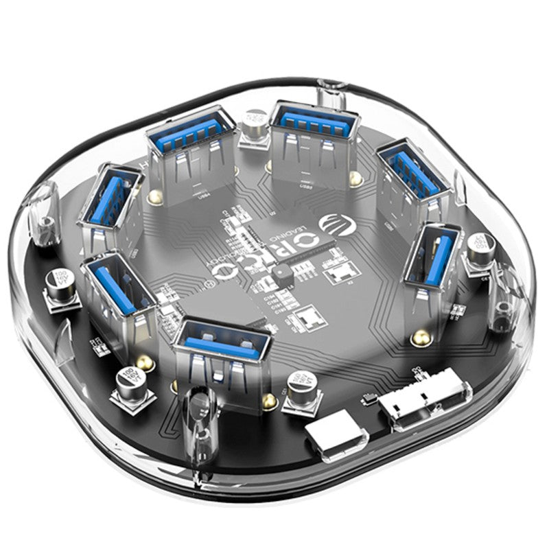 Norvo | 7-i-1 Transparent USB3.0 Hub med Strømtilkobling, for Kontor, Studie, Spill og Mer