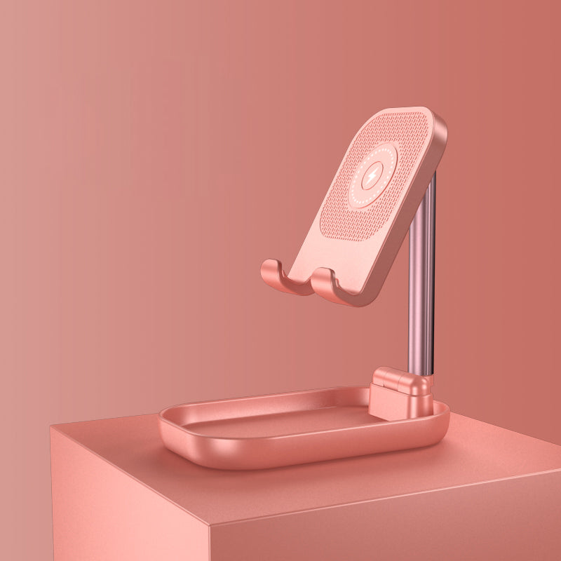Norvo | Sammenleggbar og Justerbar Telefonholder med 10W Trådløs Hurtiglading, Opptil 25,8 cm, Lampe, Antiskli Panel, Mini Hylle, Passende for Telefoner og Nettbrett