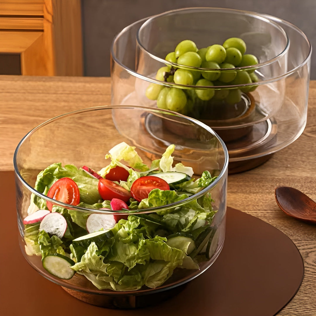 Glasskål med trebase – Elegant og dekorativ | Perfekt for frukt, snacks og salater på kjøkkenet | Norvo