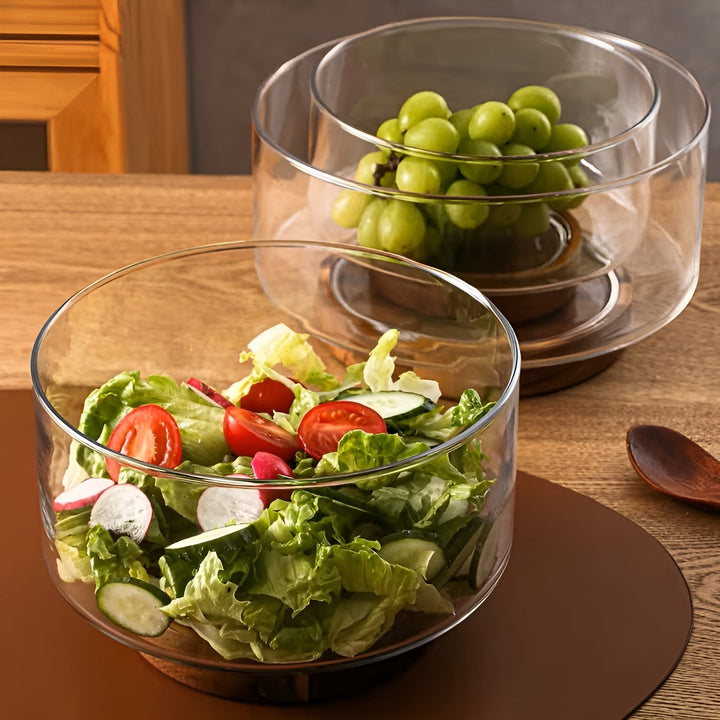 Glasskål med trebase – Elegant og dekorativ | Perfekt for frukt, snacks og salater på kjøkkenet | Norvo