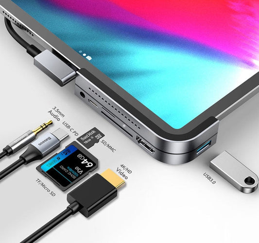Norvo | 6-i-1 USB Type-C Hub Med USB3.0, SD, MicroSD, Lyd, 4K/HD & USB-C PD, For iPad Pro & Mer