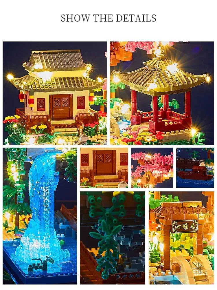 Norvo | 3320PCS Blokker Trehus Diamant Bygging Hage Arkitektur Foss Lys DIY Murstein Kirsebærblomst Leketøy for Barn Voksen Gave