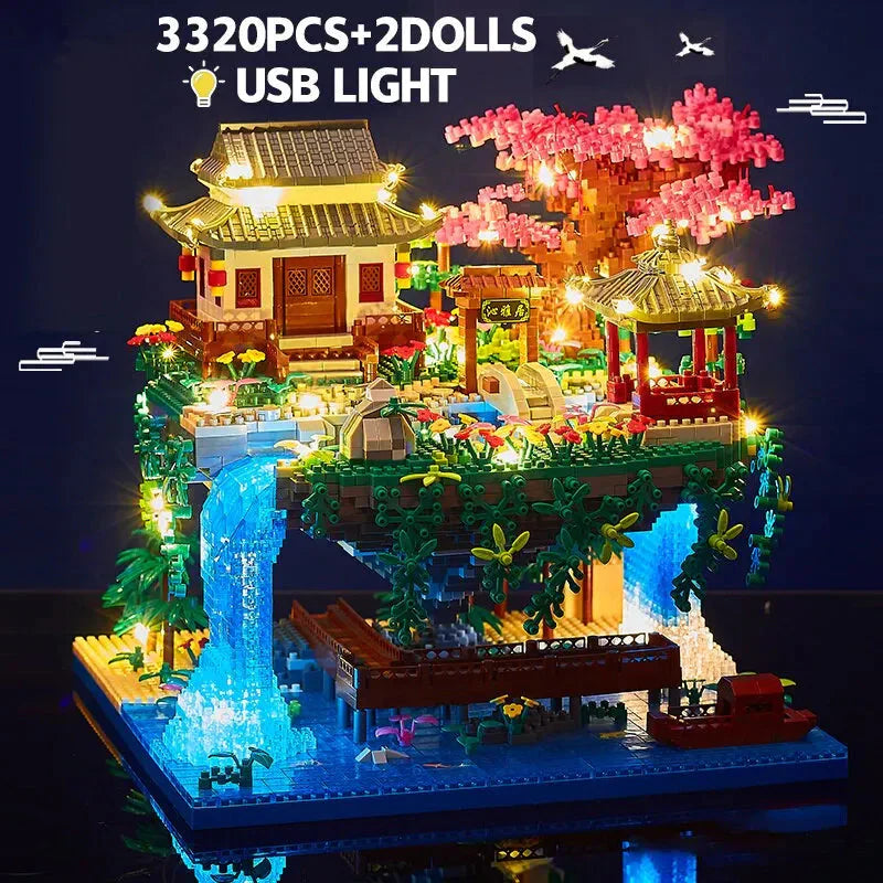 Norvo | 3320PCS Blokker Trehus Diamant Bygging Hage Arkitektur Foss Lys DIY Murstein Kirsebærblomst Leketøy for Barn Voksen Gave