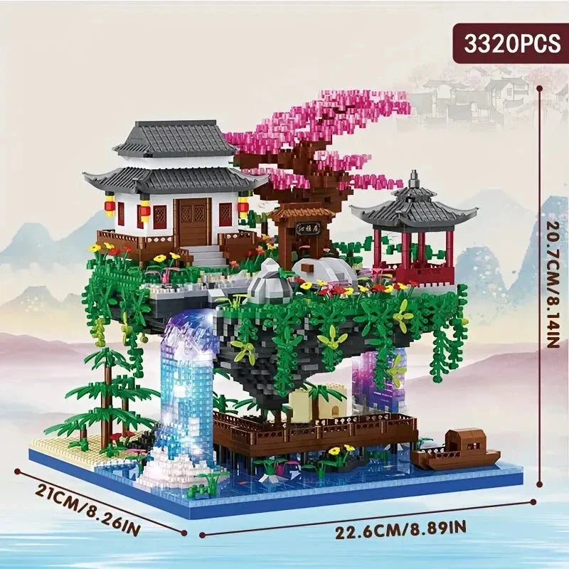 Norvo | 3320PCS Blokker Trehus Diamant Bygging Hage Arkitektur Foss Lys DIY Murstein Kirsebærblomst Leketøy for Barn Voksen Gave