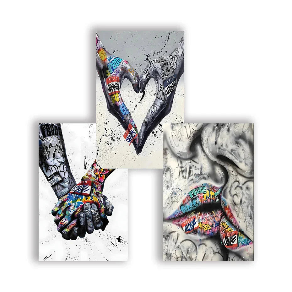 Norvo | 3PCS Moderne Kjærlighet Hånd i Hånd Kyss Kyss Plakat Graffiti Banksy Gate Veggkunst Lerret Maleri Trykk Bilder Romdekorasjon