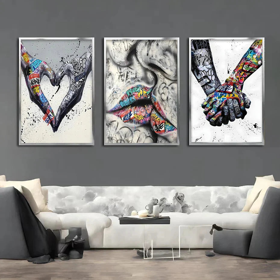 Norvo | 3PCS Moderne Kjærlighet Hånd i Hånd Kyss Kyss Plakat Graffiti Banksy Gate Veggkunst Lerret Maleri Trykk Bilder Romdekorasjon