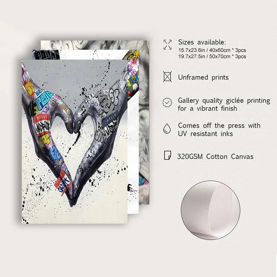 Norvo | 3PCS Moderne Kjærlighet Hånd i Hånd Kyss Kyss Plakat Graffiti Banksy Gate Veggkunst Lerret Maleri Trykk Bilder Romdekorasjon
