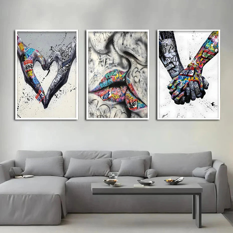 Norvo | 3PCS Moderne Kjærlighet Hånd i Hånd Kyss Kyss Plakat Graffiti Banksy Gate Veggkunst Lerret Maleri Trykk Bilder Romdekorasjon