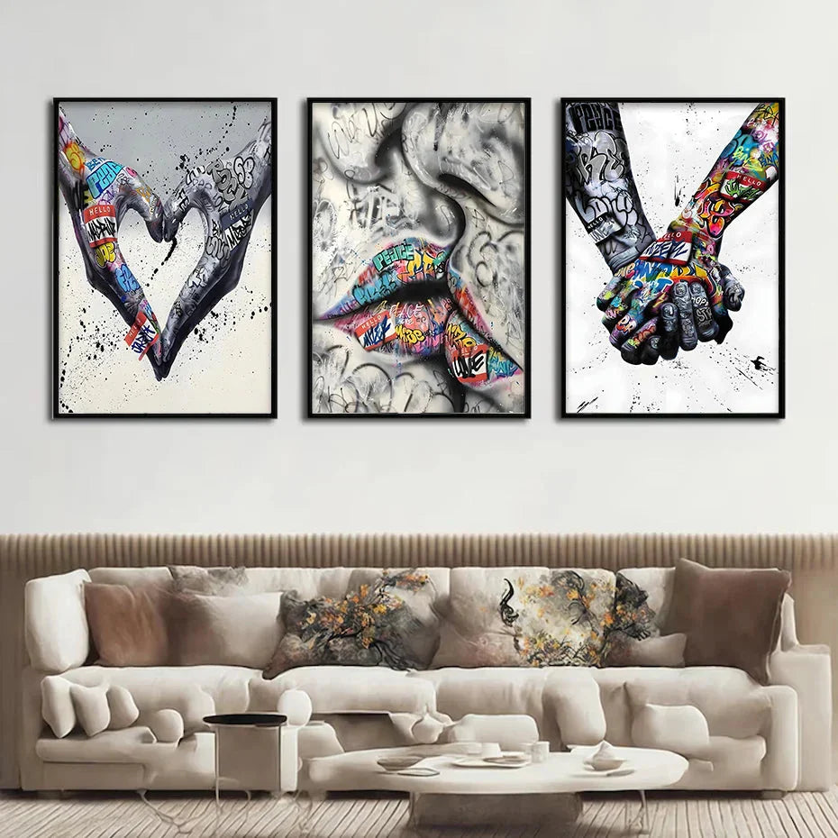 Norvo | 3PCS Moderne Kjærlighet Hånd i Hånd Kyss Kyss Plakat Graffiti Banksy Gate Veggkunst Lerret Maleri Trykk Bilder Romdekorasjon