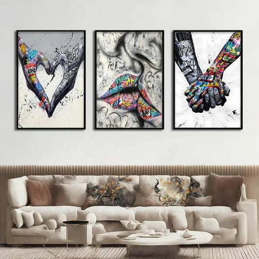 Norvo | 3PCS Moderne Kjærlighet Hånd i Hånd Kyss Kyss Plakat Graffiti Banksy Gate Veggkunst Lerret Maleri Trykk Bilder Romdekorasjon