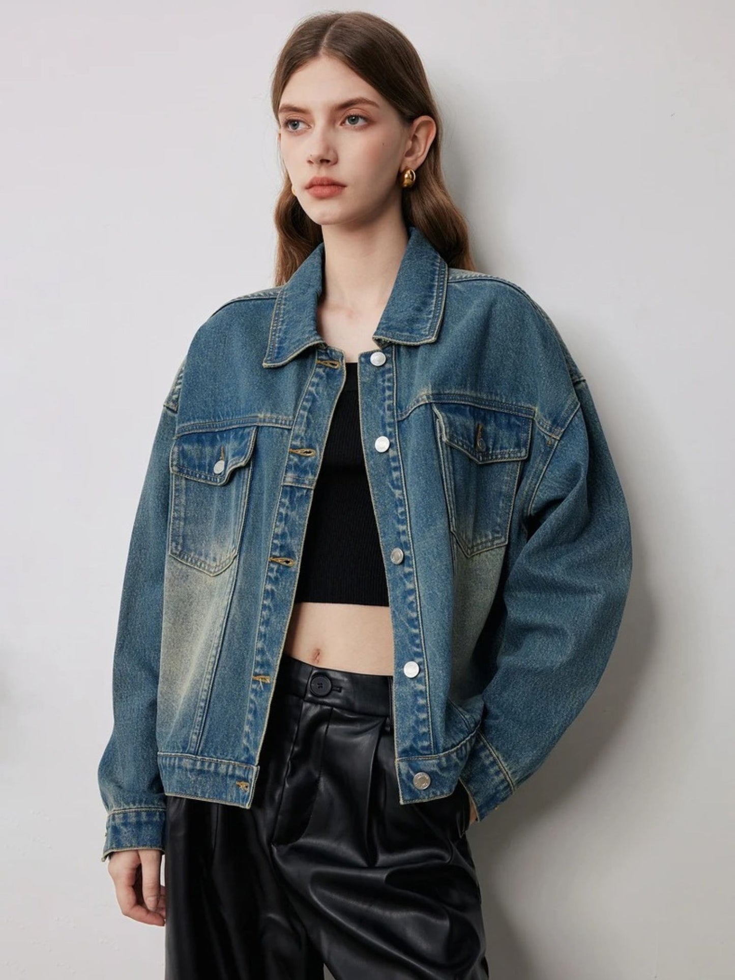 Oversized Denimjakke med Vintagevask