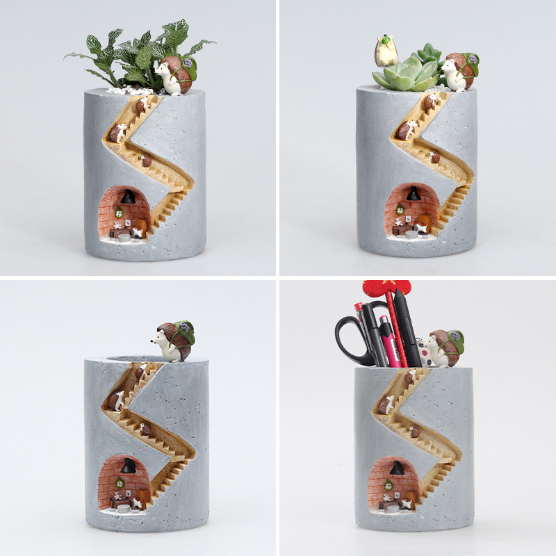 Norvo | Decorative plant pot with hedgehog and rabbit miniature – Creative staircase design for plants