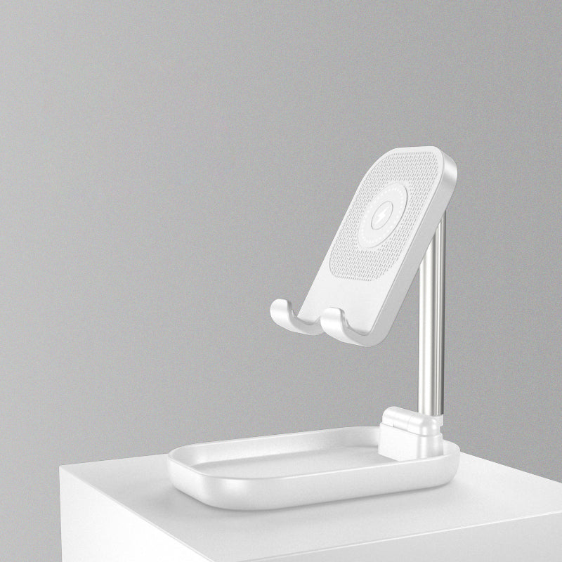 Norvo | Sammenleggbar og Justerbar Telefonholder med 10W Trådløs Hurtiglading, Opptil 25,8 cm, Lampe, Antiskli Panel, Mini Hylle, Passende for Telefoner og Nettbrett