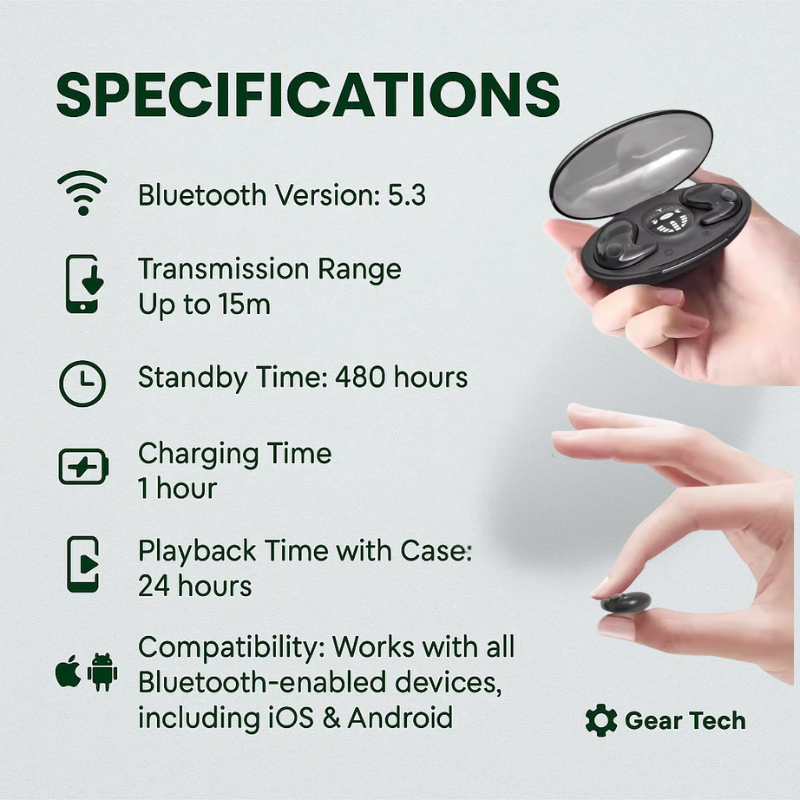 Norvo | Usynlige trådløse søvnhodetelefoner | IPX5 vanntett, Bluetooth 5.3 for komfortabel søvn og avslapning