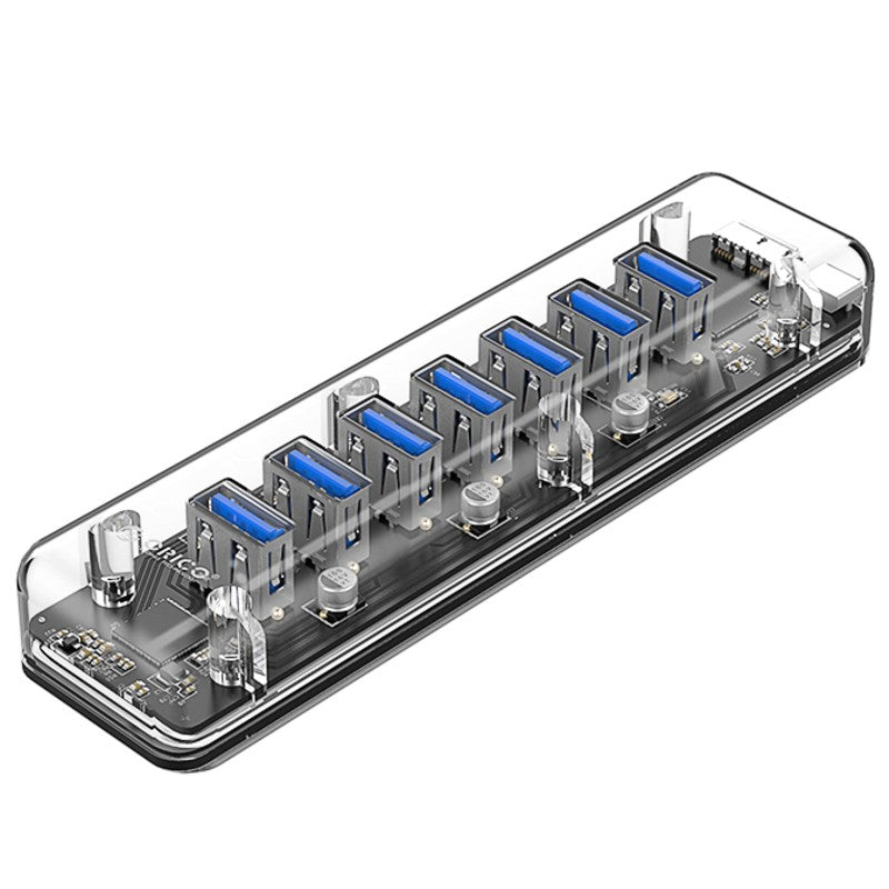 Norvo | 7-i-1 Transparent USB3.0 Hub med Strømtilkobling, for Kontor, Studie, Spill og Mer