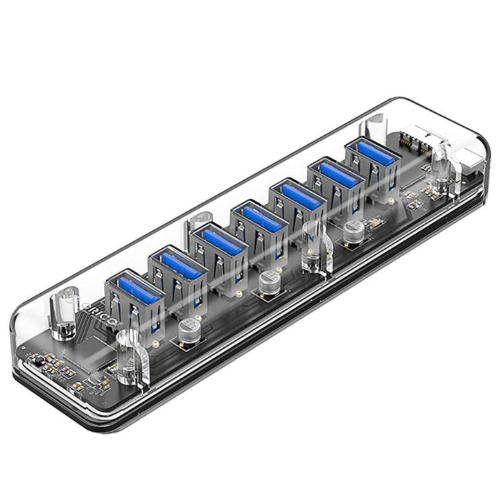Norvo | 7-i-1 Transparent USB3.0 Hub med Strømtilkobling, for Kontor, Studie, Spill og Mer
