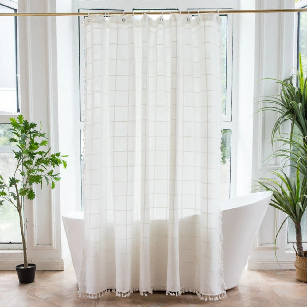 Norvo | Bomullslerkefrakk Dusjforheng Ruteprint Frynser Vanntett Maskinvaskbar Baddekor