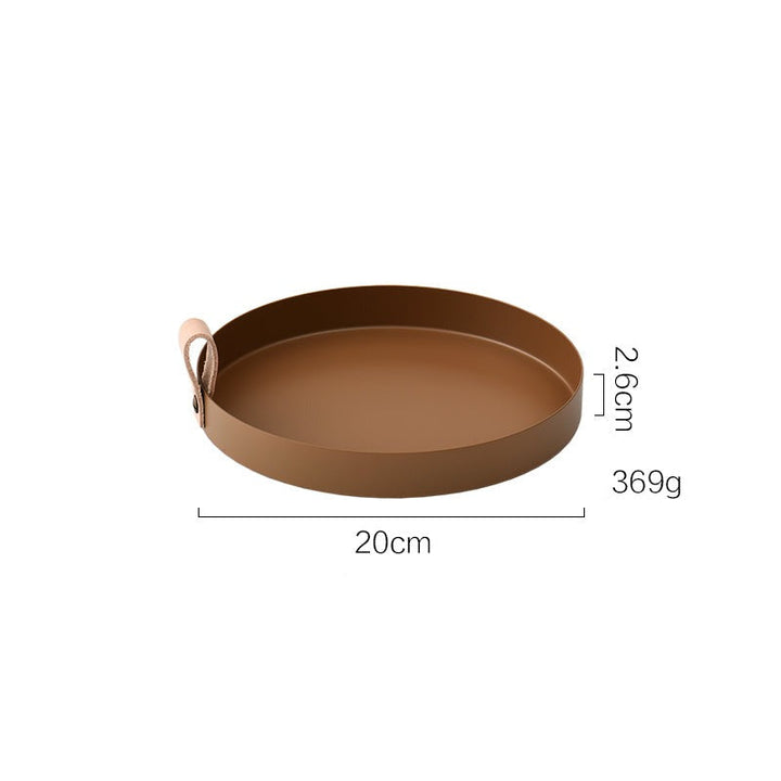 Norvo | Nordisk Stil Læderhåndtag Smidesjern Rundt Fat Plate Farge Oppbevaringsplate Vannglassplate Hjemmedekorasjon