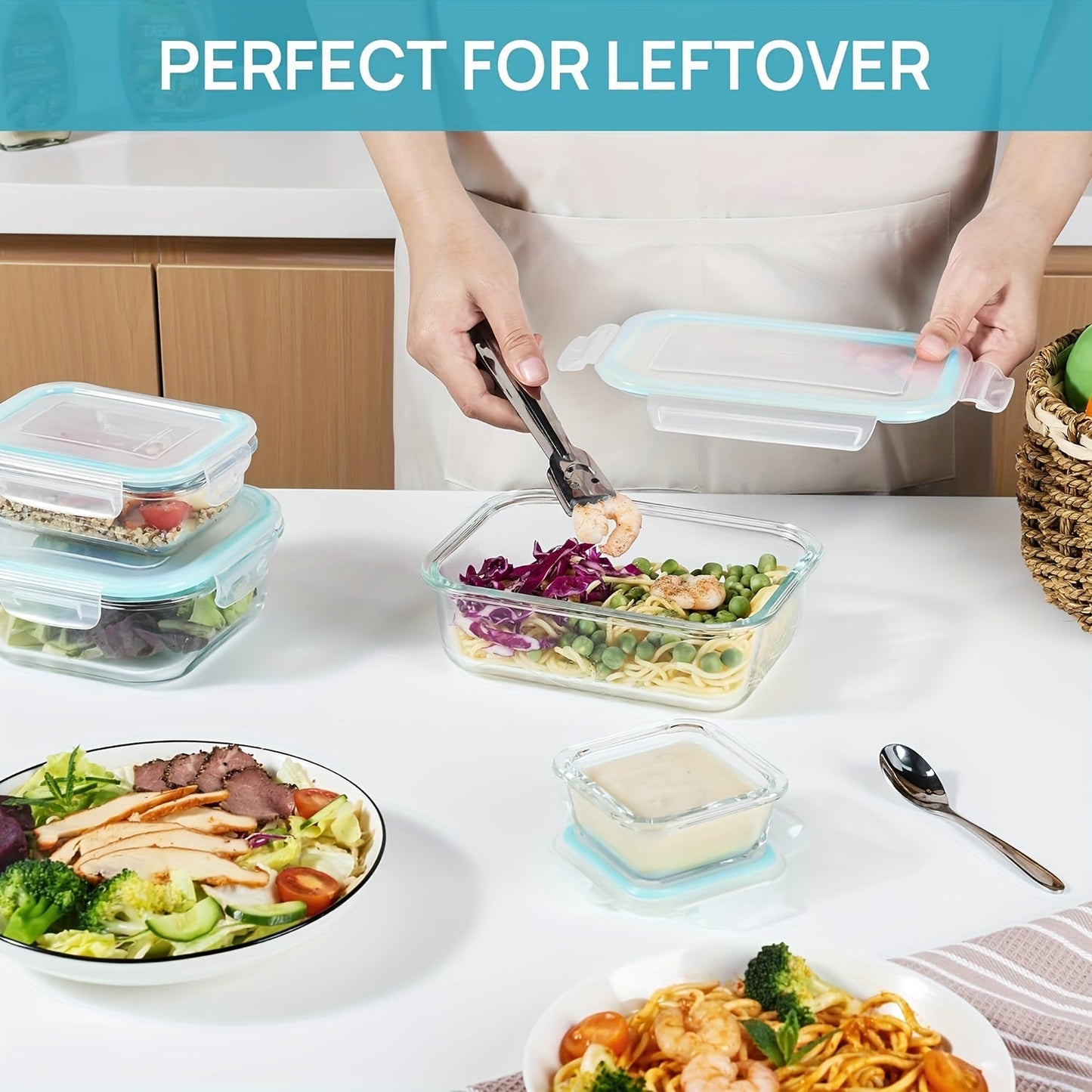 Norvo | 8-Pack Glass Matboksbeholdere – Lufttette Måltid Forberedelse Bento-bokser med lekkasjesikre, låsbare lokk, mikrobølgeovn-, ovn-, fryse- og oppvaskmaskinsikre, BPA-frie