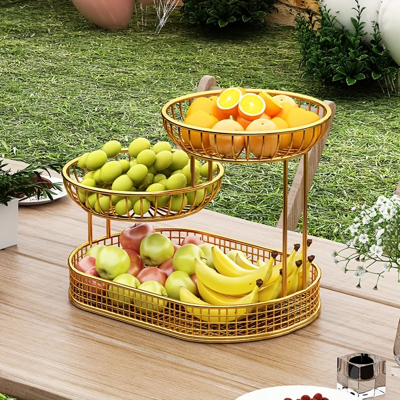 Norvo | Elegant Multi-Tier Metal Fruit Basket - Golden Wire Oval Design | Perfect for Snacks, Cakes & Desserts | Ideal for Easter, Thanksgiving, Christmas Utendørsfeiringer, Utendørs Spise Tilbehør|Multitier Design|Robust Struktur, Frukt Dekor