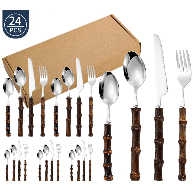 Norvo | Svart Bambus Middagsservise - Elegante Beste i Rustfritt Stål Gaffel og Skje Servise