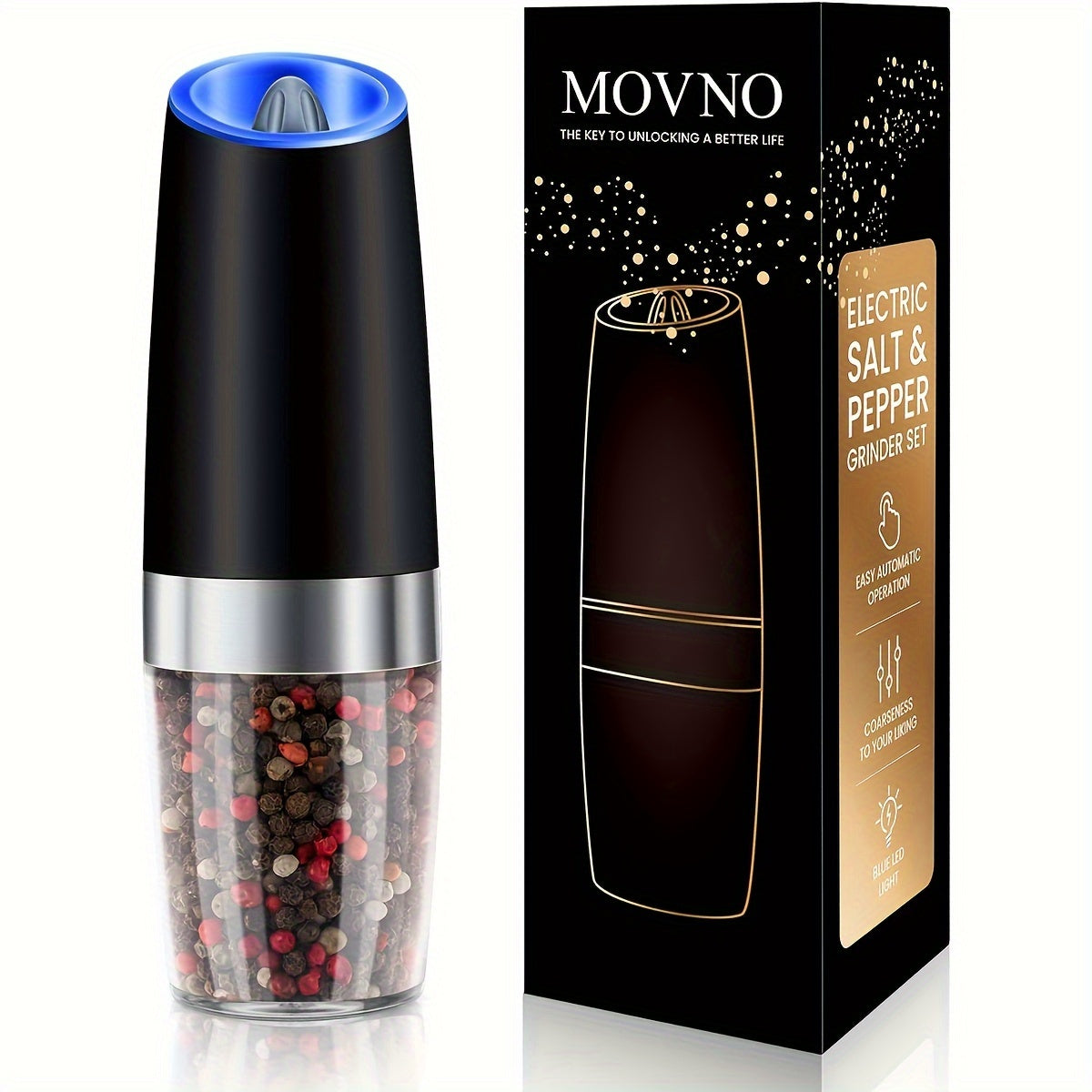 Norvo | Gravity Elektrisk Salt- og Pepperkvern Sett: Batteridrevet med LED-lampe, en-hånds automatisk betjening, justerbar grovhet, svart - Kjøkken Gadget Gaveidé