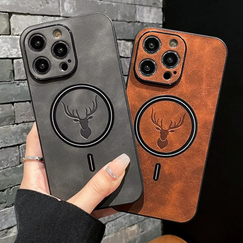 Norvo | Luxury Deer Leather Apple iPhone Case | Magnetisk telefonveske, trådløs veske, MagSafe, trådløs lading, beskyttelsesveske, deksel for iPhone 15, 14, 13 Pro Max Plus