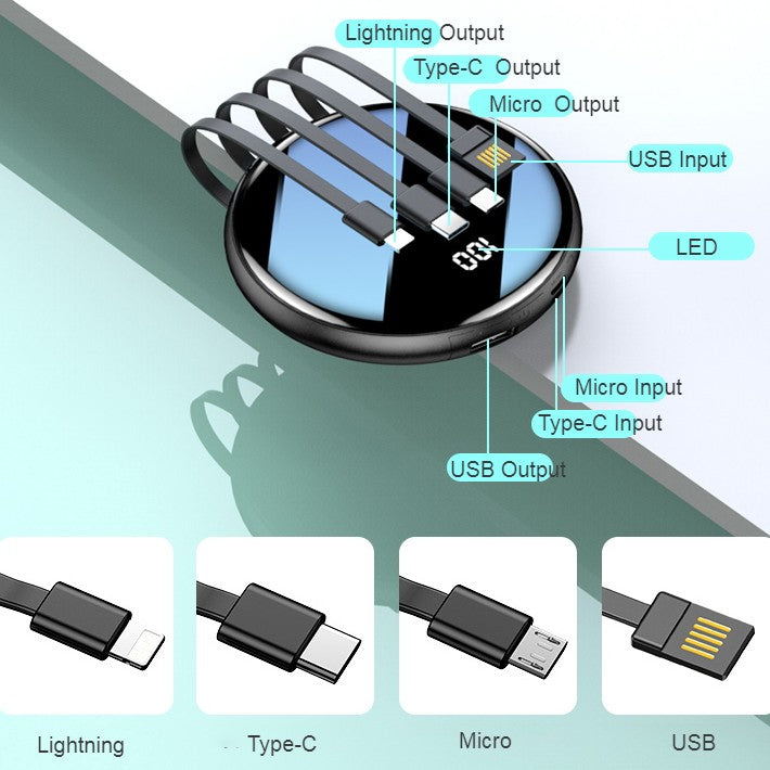 Norvo | 20000mAh Ultrathin Bærbar Power Bank, med LED Batteri Display og Innebygde Ladeledninger, for Reising, Arbeid & Mer