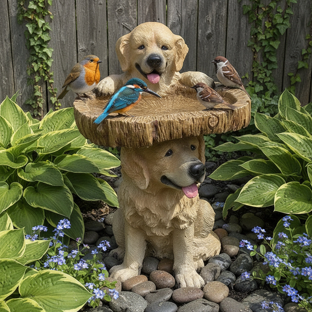Norvo | Golden Retriever Valp Fugl Bad Hage Statue