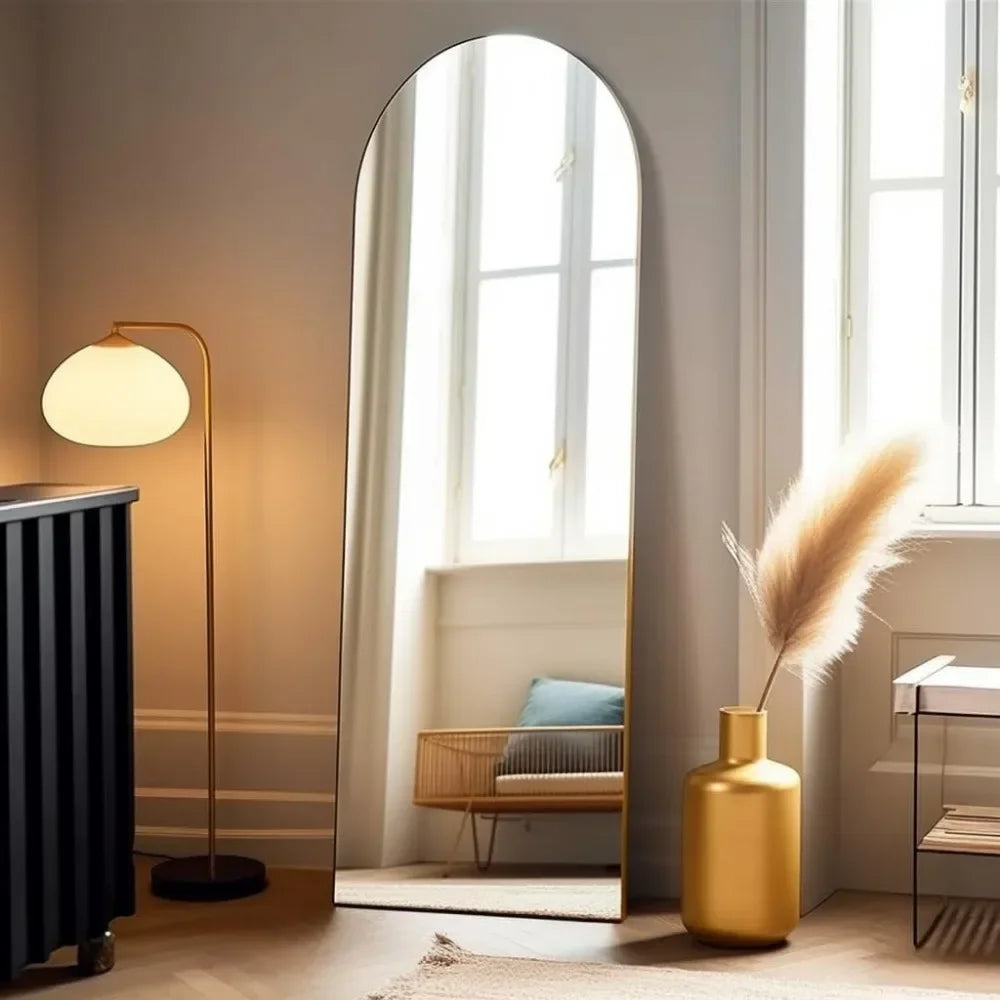 Norvo | 18" x 58" Bueformet Hel Lengde Speil med Stativ – Elegant Gull Design