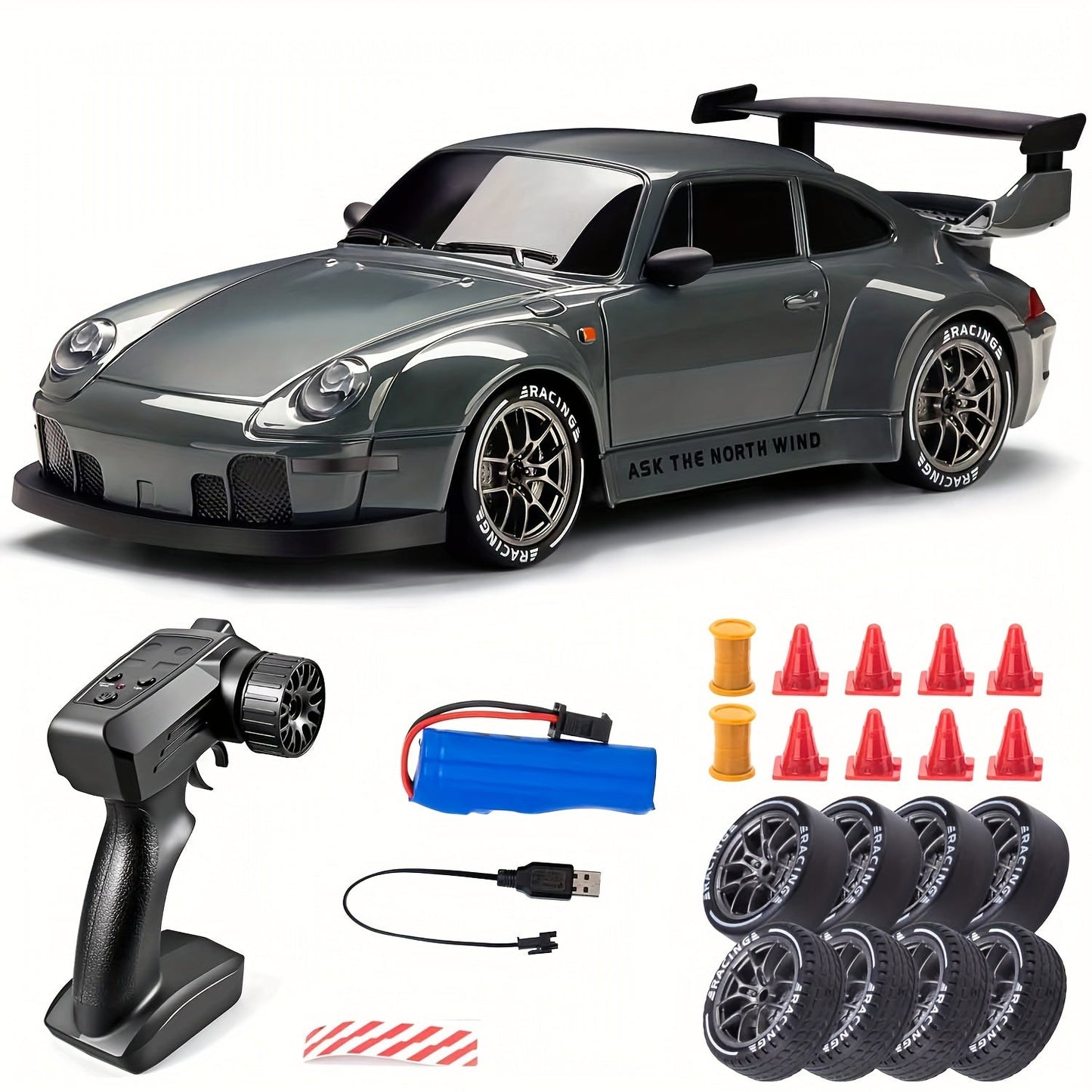Norvo | 1:24 RC Driftbil | 4WD, LED-hjul & USB-oppladbar for innendørs og utendørs racing moro