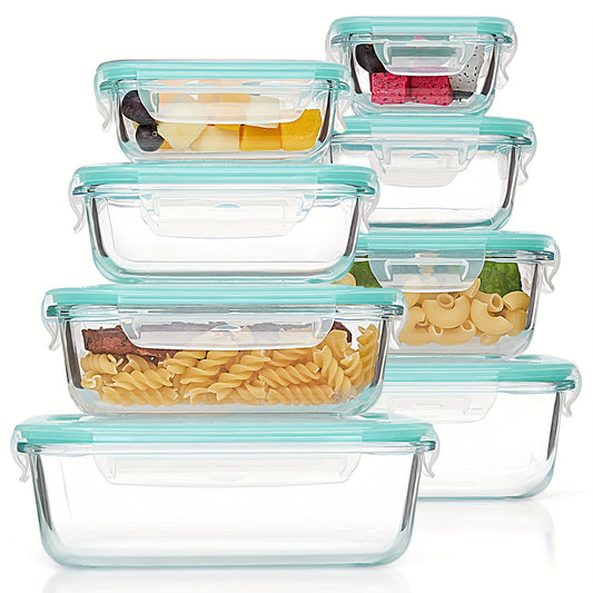 Norvo | 8-Pack Glass Matboksbeholdere – Lufttette Måltid Forberedelse Bento-bokser med lekkasjesikre, låsbare lokk, mikrobølgeovn-, ovn-, fryse- og oppvaskmaskinsikre, BPA-frie
