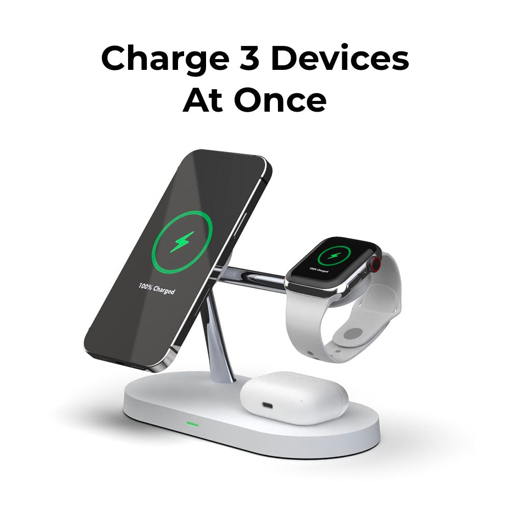 Norvo | 4-i-1 Trådløs Ladestasjon - Magnetisk Qi-lader for Telefon, Klokke & Ørepropper