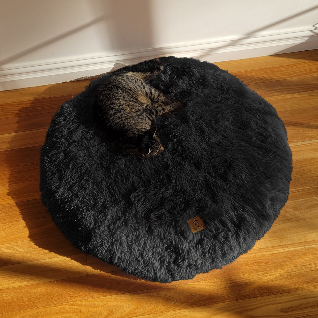 Norvo | Shaggy Faux Fur Rund Padded Lounge Mat - Kull