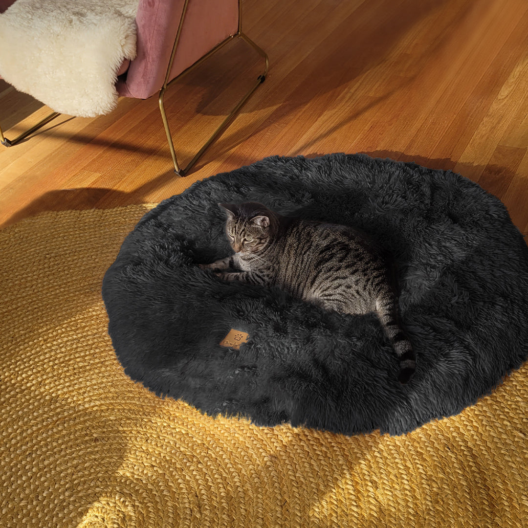 Norvo | Shaggy Faux Fur Rund Padded Lounge Mat - Kull