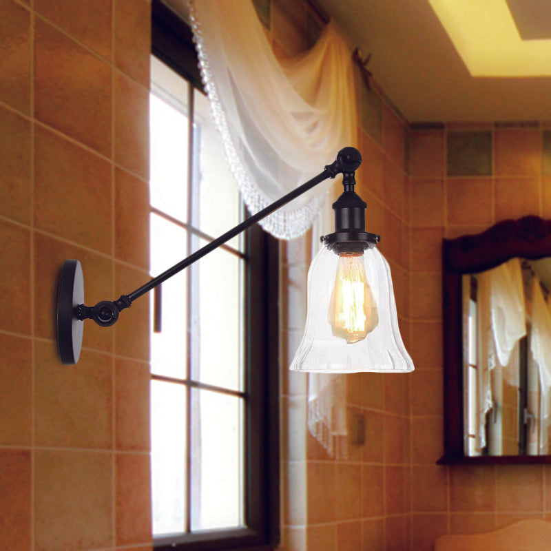 Norvo | Svart/Brons/Messing 1 Lys Vegglampe Vintage Klar Glassklokke Vegglampe med Arm, 8"/12" Lang