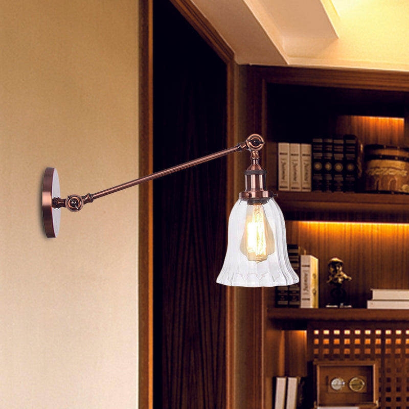 Norvo | Svart/Brons/Messing 1 Lys Vegglampe Vintage Klar Glassklokke Vegglampe med Arm, 8"/12" Lang