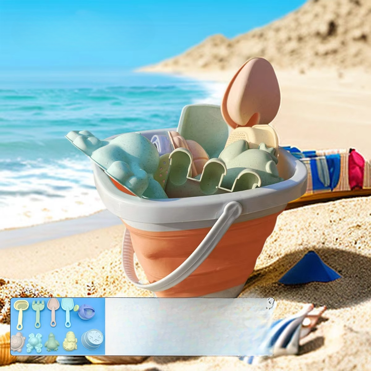 Norvo | Barns strand sand- og vannleketøysett - Sammenleggbart bøtte og tilbehør (1, 5 eller 11 deler, tilfeldig farge)
