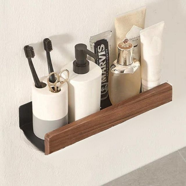 Norvo | Solid Wood Bathroom Shelf – No-Drill Veggmontert Badeorganisator
