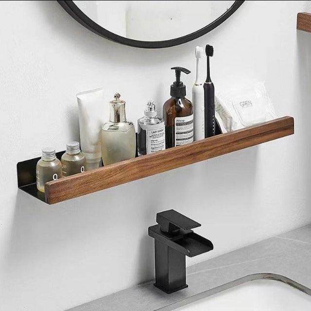 Norvo | Solid Wood Bathroom Shelf – No-Drill Veggmontert Badeorganisator
