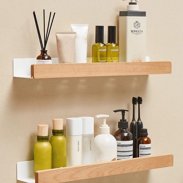 Norvo | Solid Wood Bathroom Shelf – No-Drill Veggmontert Badeorganisator