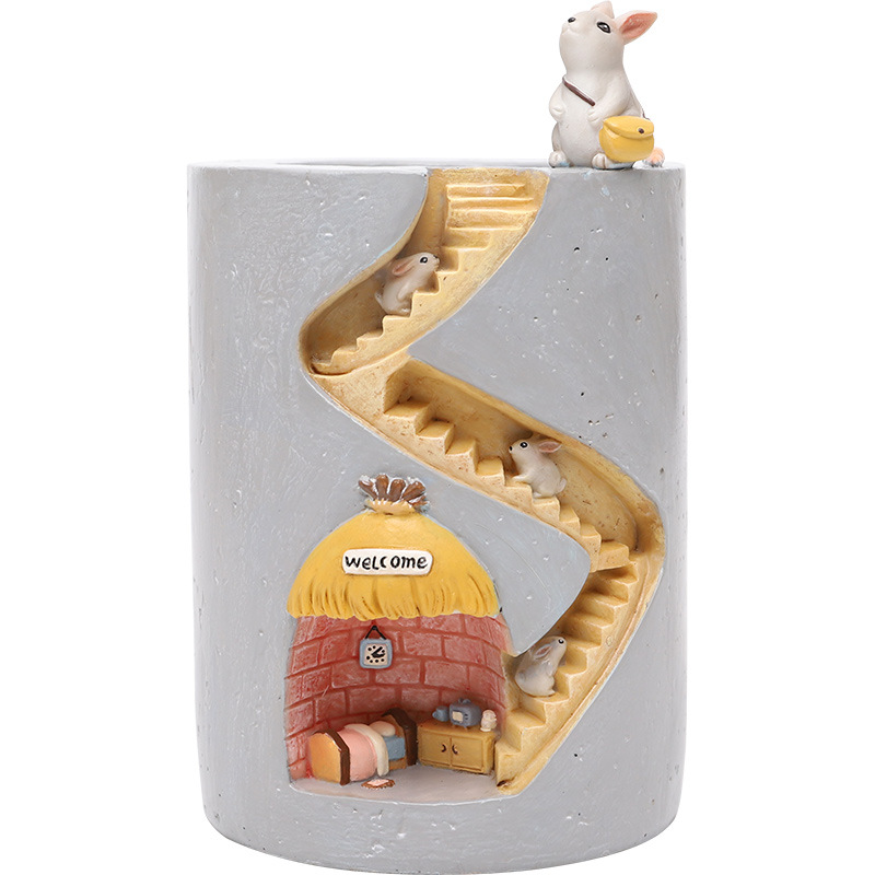 Norvo | Decorative plant pot with hedgehog and rabbit miniature – Creative staircase design for plants